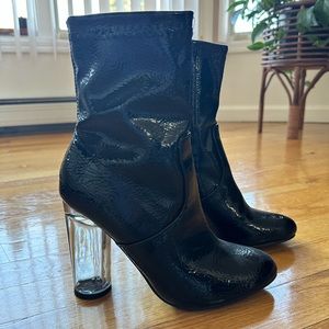 Clear heal lucite heal faux patent leather ankle boot
